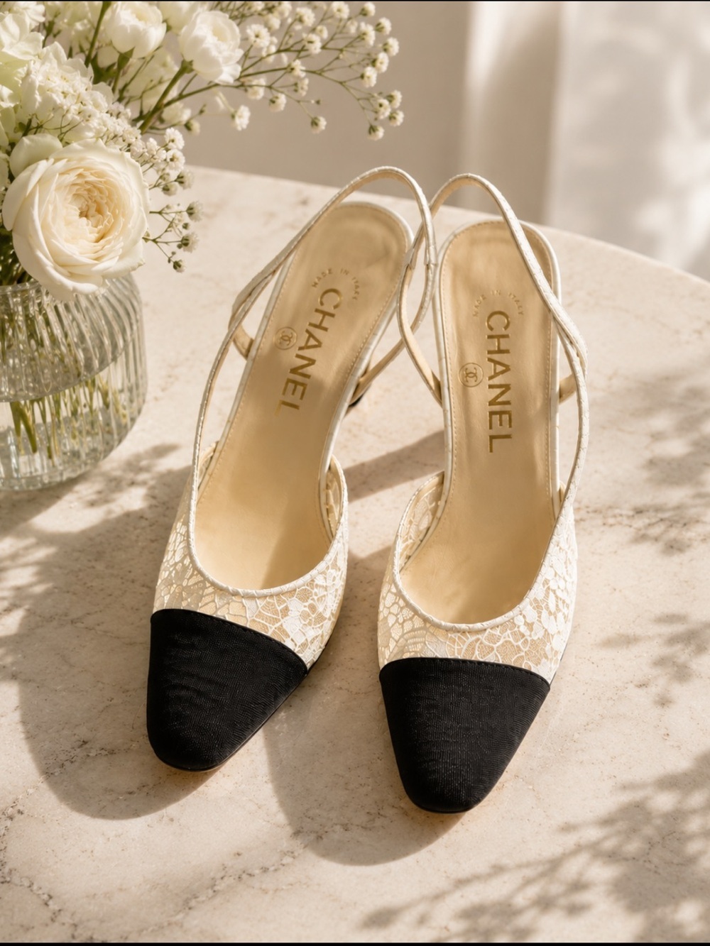 CHANEL Lace Slingback Pumps Black Cap Toe Heels EU 36.5 / US 6.5 Made in Italy
